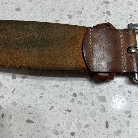 Leather Belt W Heavy buckle w woven detail thick brown distressed boho SZ L 45” - Picture 6 of 6